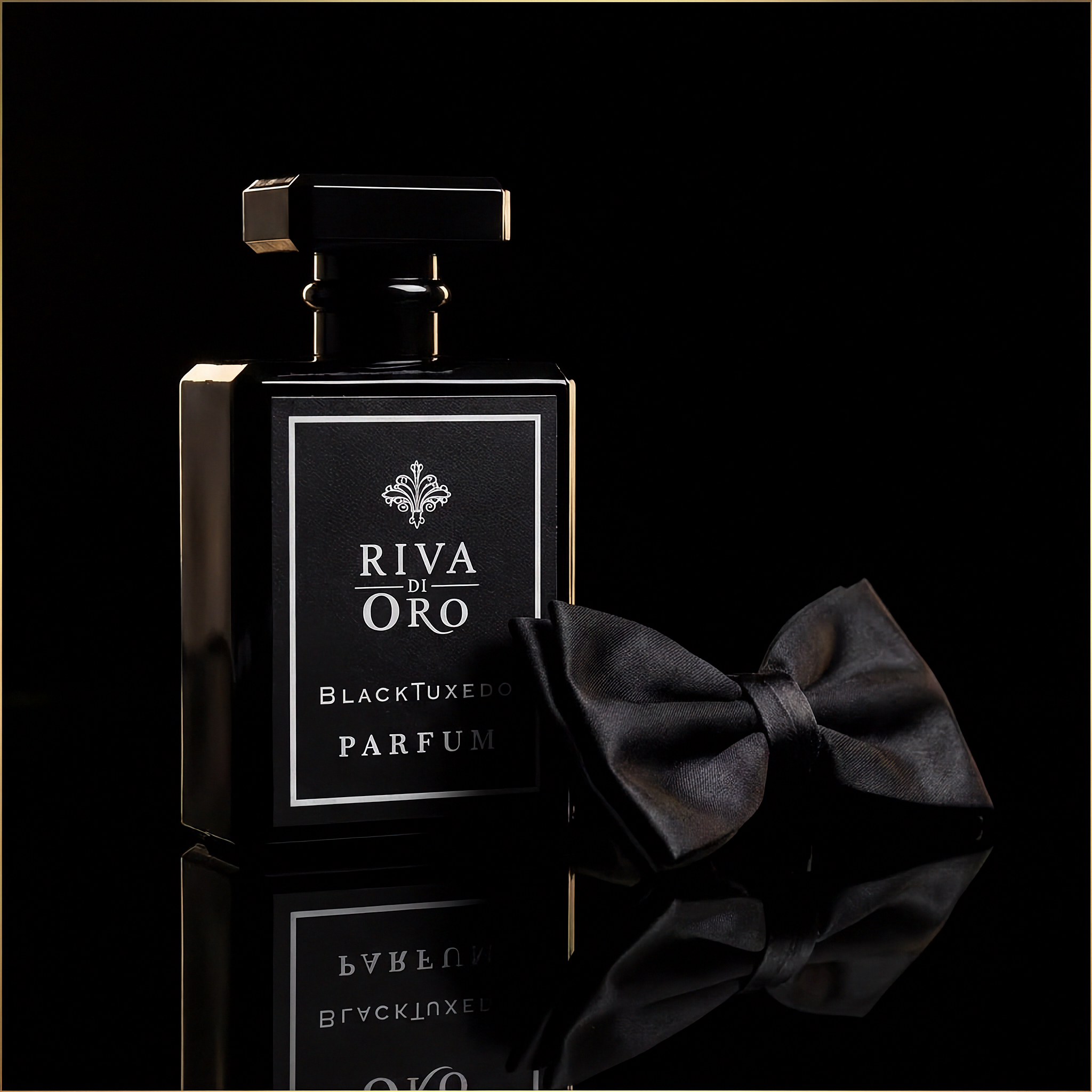 Black Tuxedo 100ml perfume bottle close-up by Riva di Oro